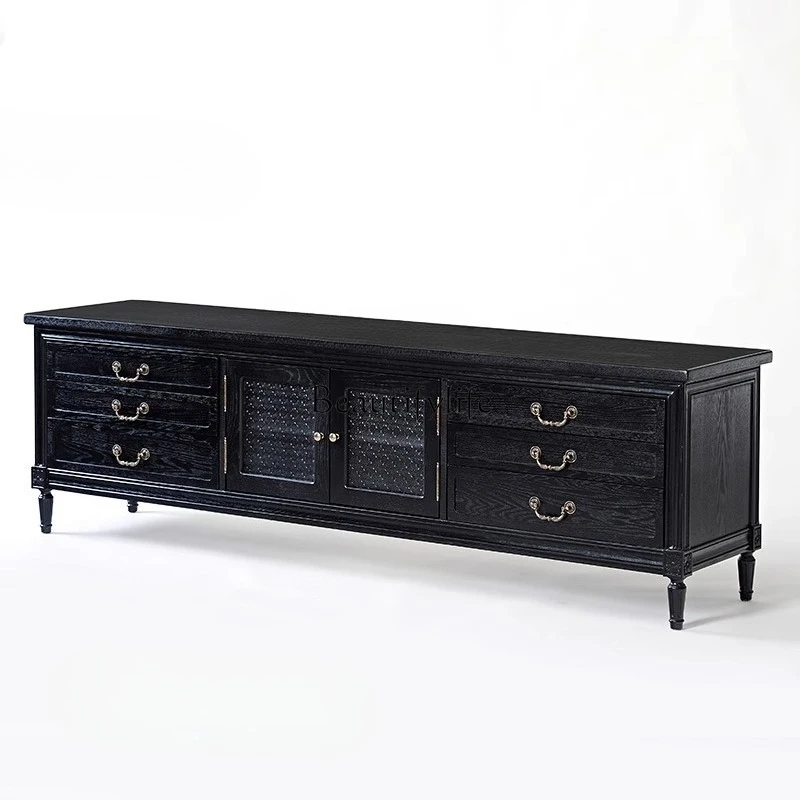 

*American solid wood light luxury French carved glass black retro TV locker