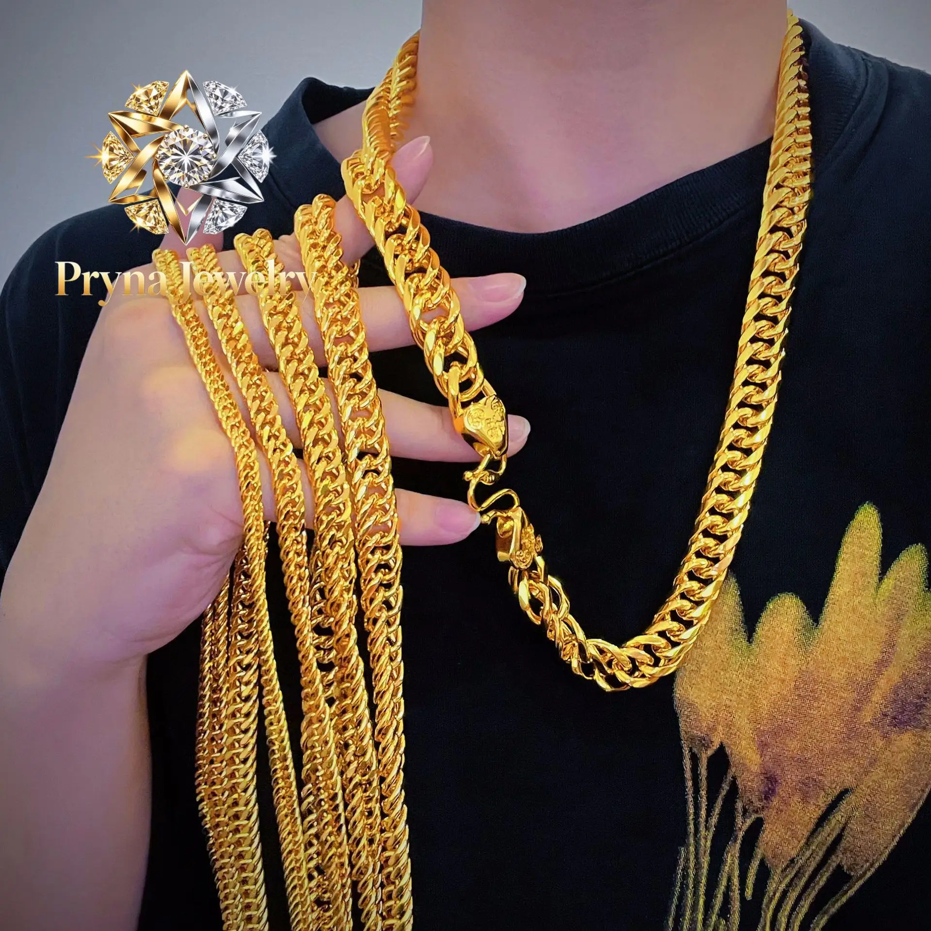 Pryna Jewelry   9999 24K real gold Gold Buckle Boss necklace Gold necklace Thick necklace Jewelry riding crop chain