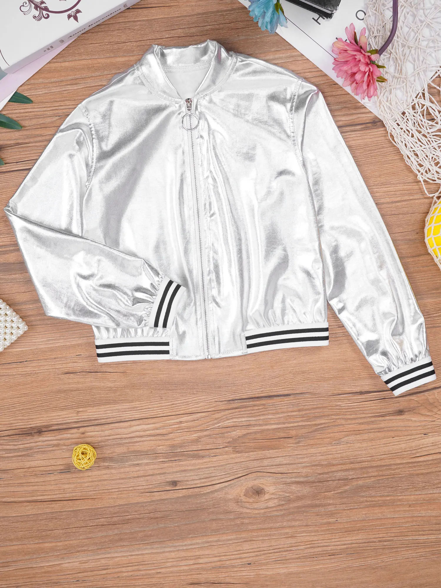 Manteau de rue à la mode pour enfants, veste de Baseball métallique brillante pour filles, vêtements d'extérieur à manches longues, haut de danse Jazz, Costume de fête Disco