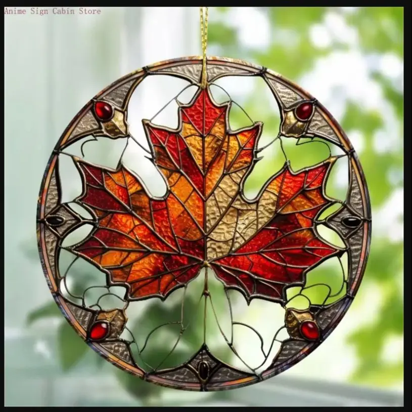 [2D Flat] One Item, Stylish Maple Leaf Glasses,Acrylic Sign,Round Decoration,Elegant Window,Porch,Wall Art for Home Room Decor view 5