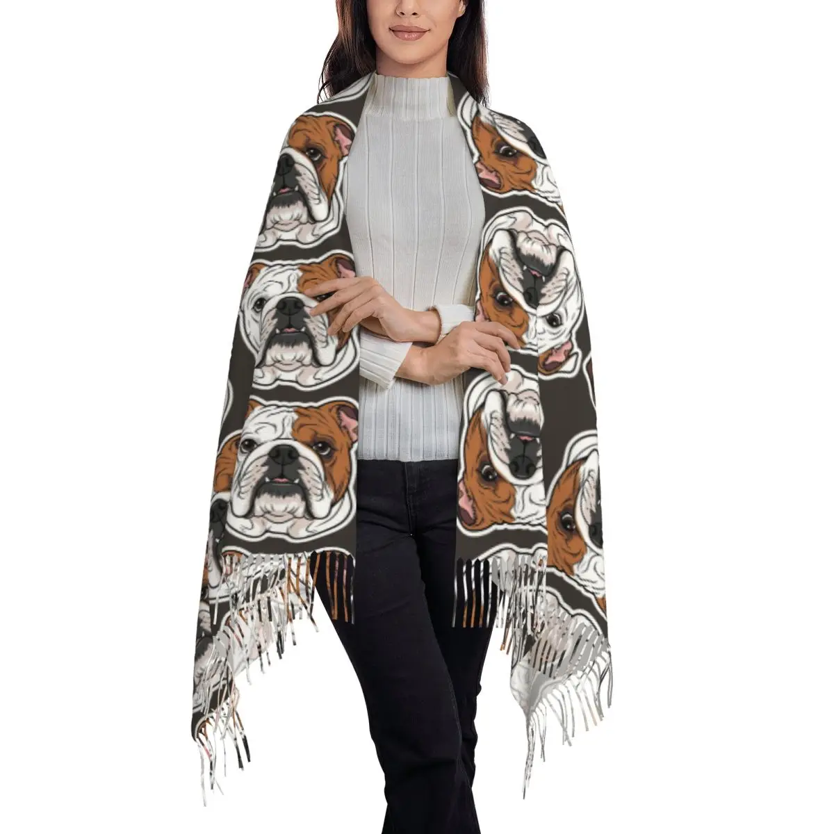 British English Bulldog Dog Face Nose Cute Scarf Tassel Scarves for Women Soft Warm Shawls and Wraps Long Fall Winter Shawl Wrap