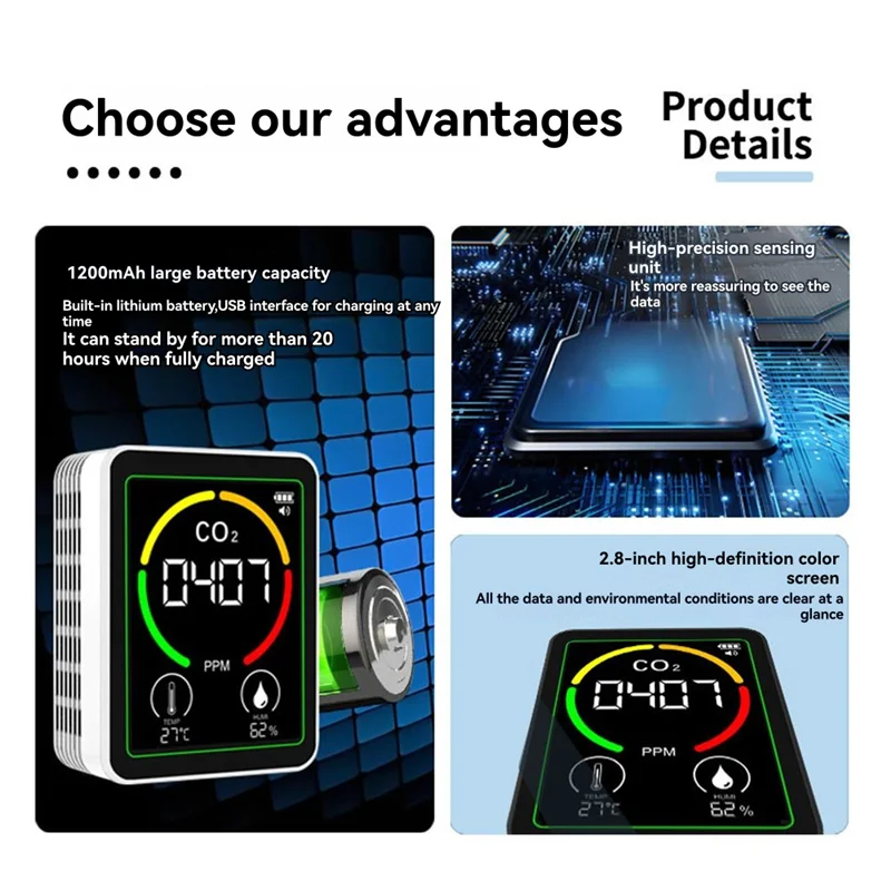 Y14A 3 In 1 Air Quality Monitor With Stand CO2 Temperature Humidity Tester CO2 Detector Carbon Dioxide Detector Black