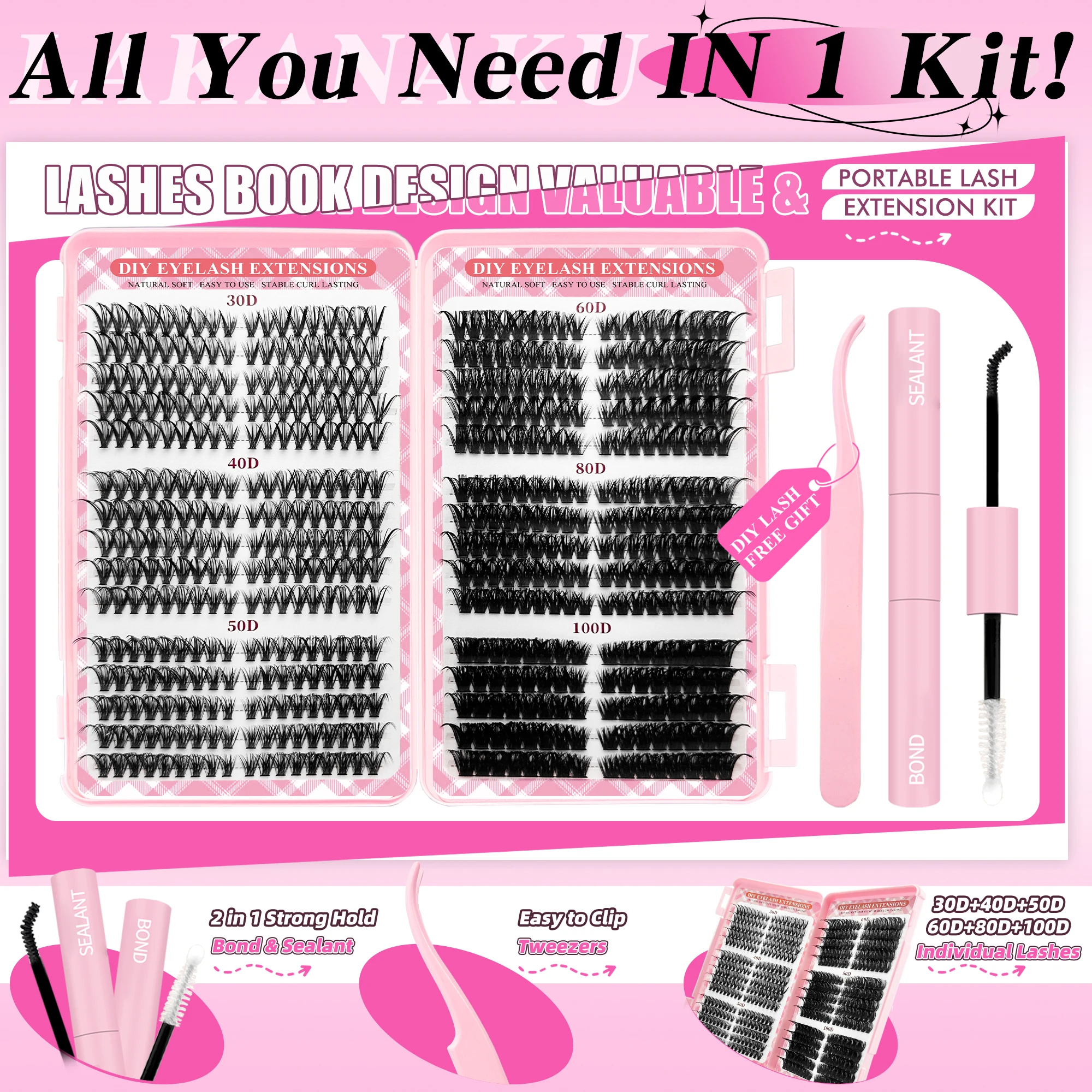 LAKANAKU Cat Eye Cluster Lashes Wispy Effect Long Lasting voluminous False Eyelashes DIY Lash Clusters For Wedding Party Events