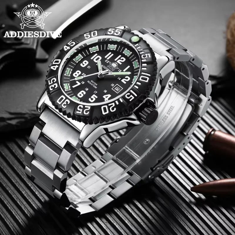 ADDIESDIVE Waterproof Men's Watch Black Stainless Steel Miyota2115 Sports Luminous Quartz Wristwatch Date Fashion Reloj Hombre