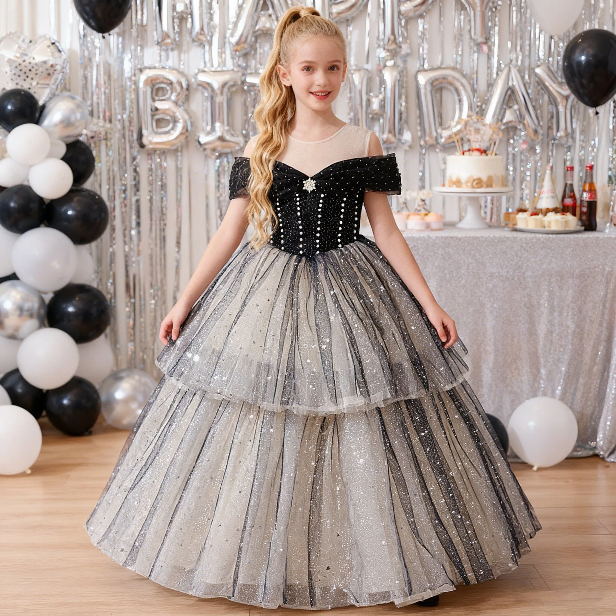 

Fashion Sequins Bridesmaids Girls Dress Elegant Tulle Wedding Princess Party Prom Dresses for Girl Birthday Pageant Evening Gown