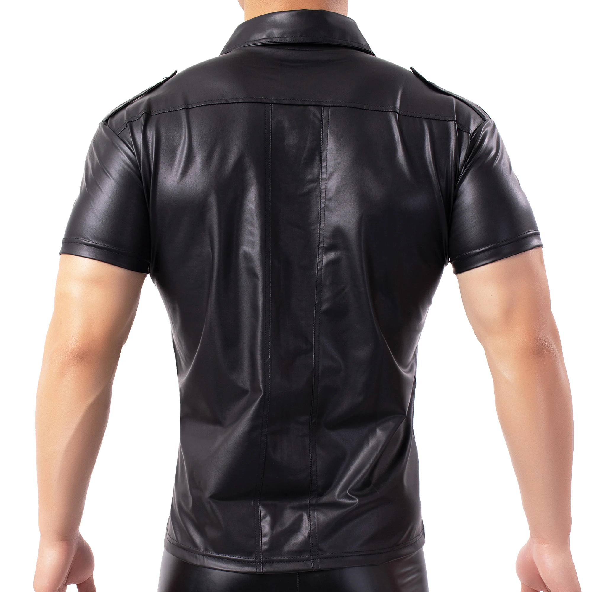 Mens Imitation Leather Shirt Nightclub Stage DS Performance Clothes Sexy Wetlook Button Up T-Shirts Clubwear Latex Fetish Shirts