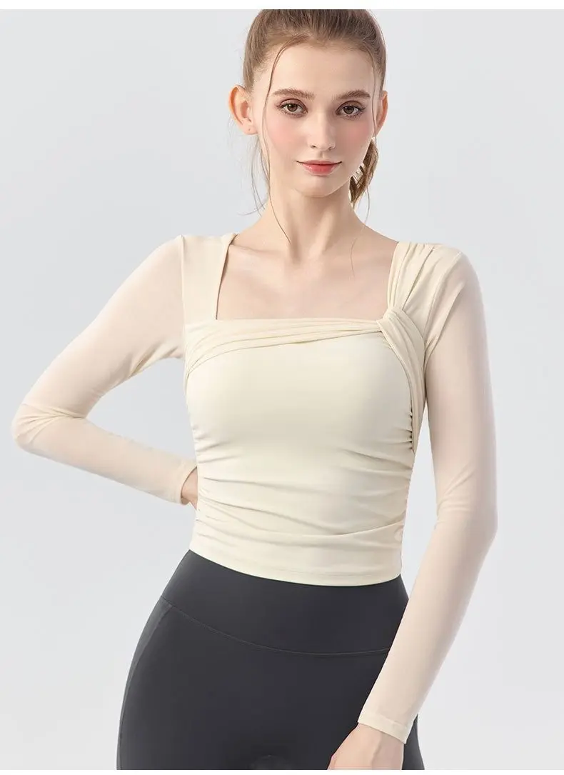 Entworfenes Mesh-Langarmshirt für Damen, Neues Ein-Körbchen-Sporttop zur Figurformung und Atmungsaktivität, Professionelle Trainingskleidung für Fitness und Yoga – Detail 8
