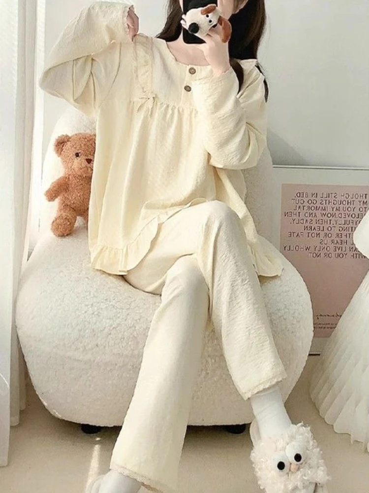 Conjuntos de pijamas de princesa para mujer, ropa de dormir informal con diseño de volantes, ropa de dormir para el hogar Ulzzang, suave, combina con todo, primavera y otoño, sencilla