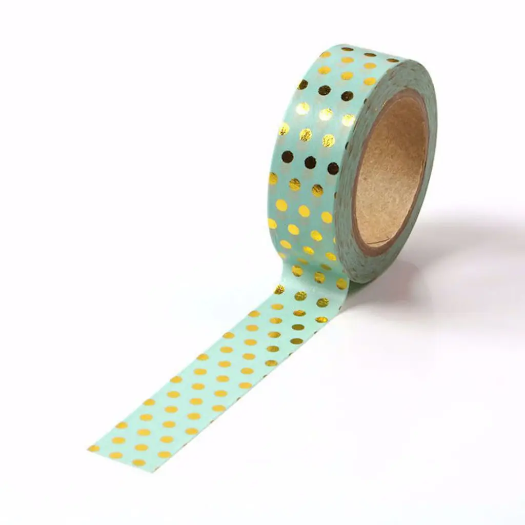 15mmx10m Superior Beautiful Bright Green Washi Tape With Gold Foil Polka Dot Pattern Scrapbooking School Stationery Masking Tape