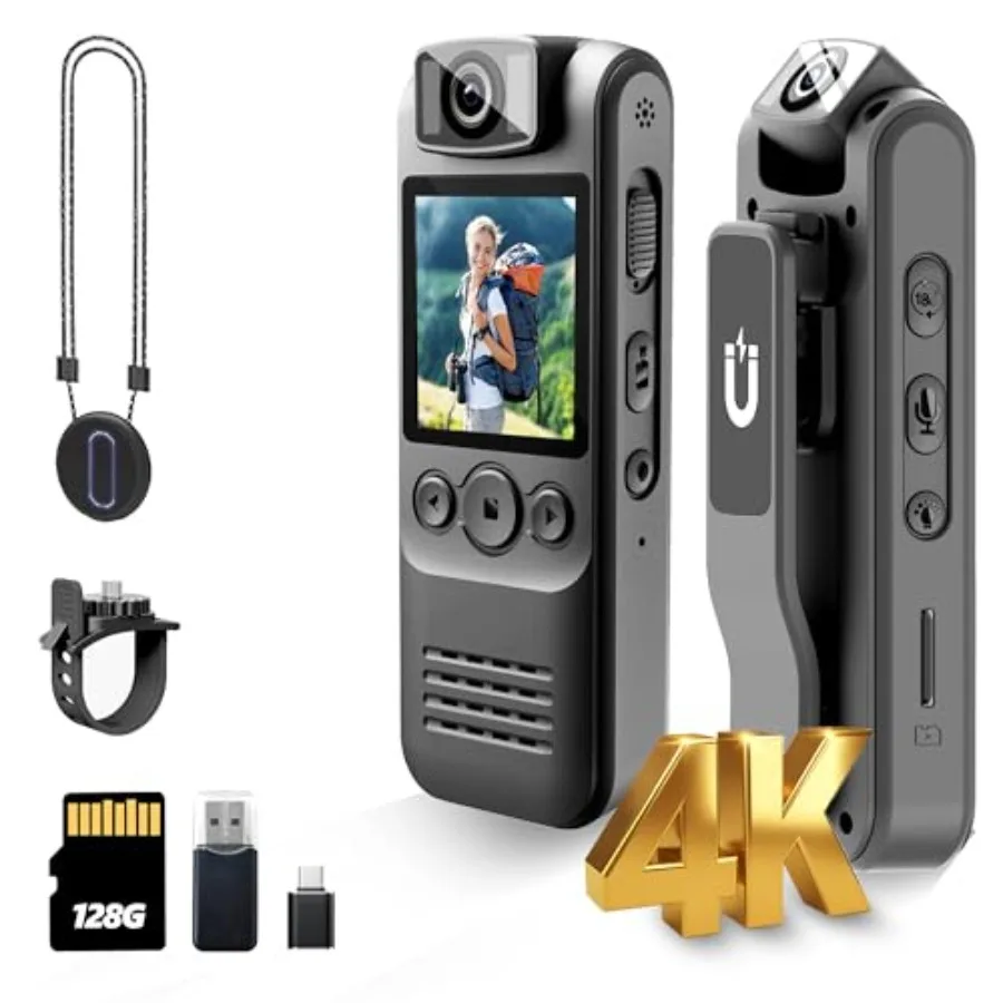 

4K 128GB Body Camera for Outdoor/Sports/Security/Police, ABS plastic, black, magnetic back clip bike mount, 180 rotating lens,