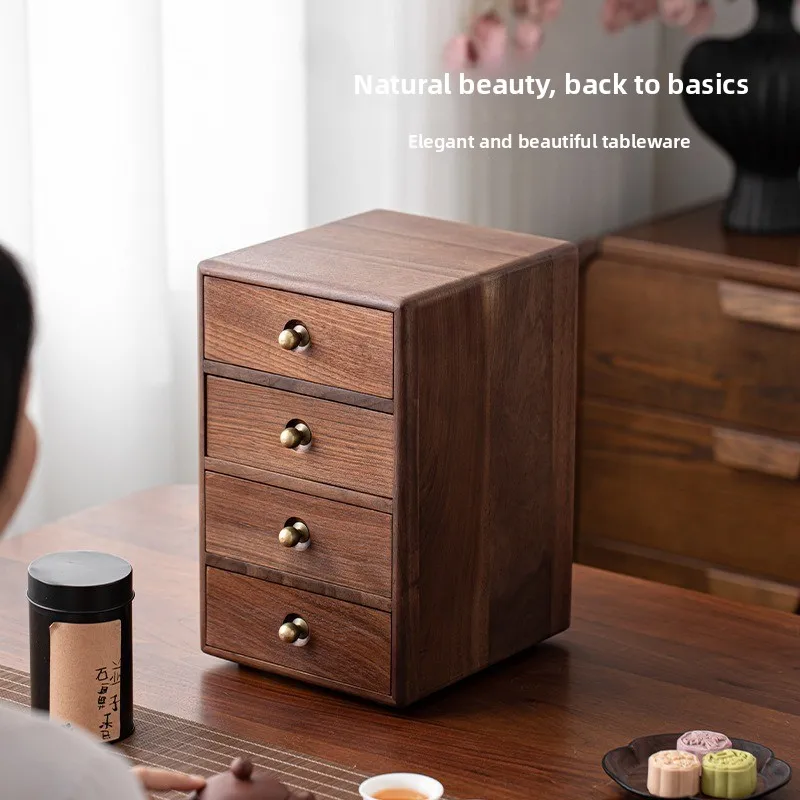 Black Walnut Display Cabinet 4-Drawer Wooden Storage Chest for Tea Set Compact Curio Shelf for Living Room Modern Desk Organizer