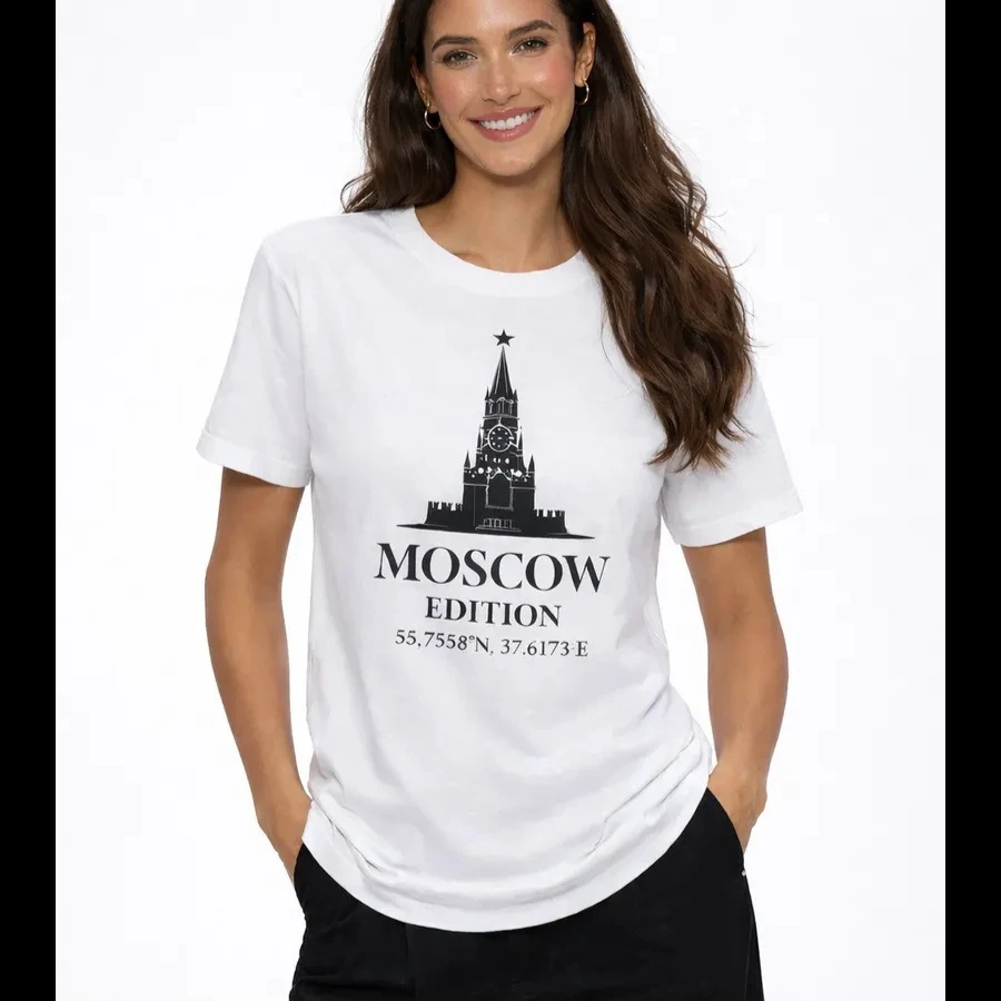 Moscow Landmark Print Cotton Tee - Women's Casual Short Sleeve T-Shirt with Coordinates Chic Russian Fashion Streetwear Summer