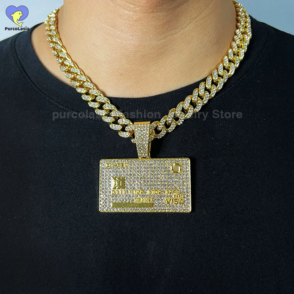 Porcolasia Rhinestones Chain Bank VISA Card Pendant Iced Out  Necklace for Men Women Accessories Hip Hop Jewelry