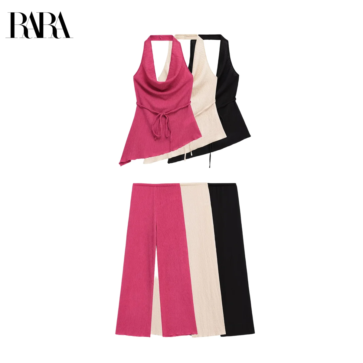 

RARA2025 New Summer Women's Wear Asymmetrical Design Halter Neck Top With Textured Drape Loose High Waist Trousers