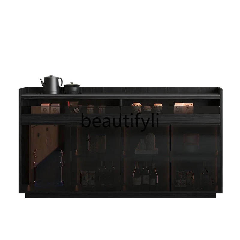 

Italian minimalist rock slab dining side cabinet solid wood tea bar machine integrated against the wall automatic water kettle
