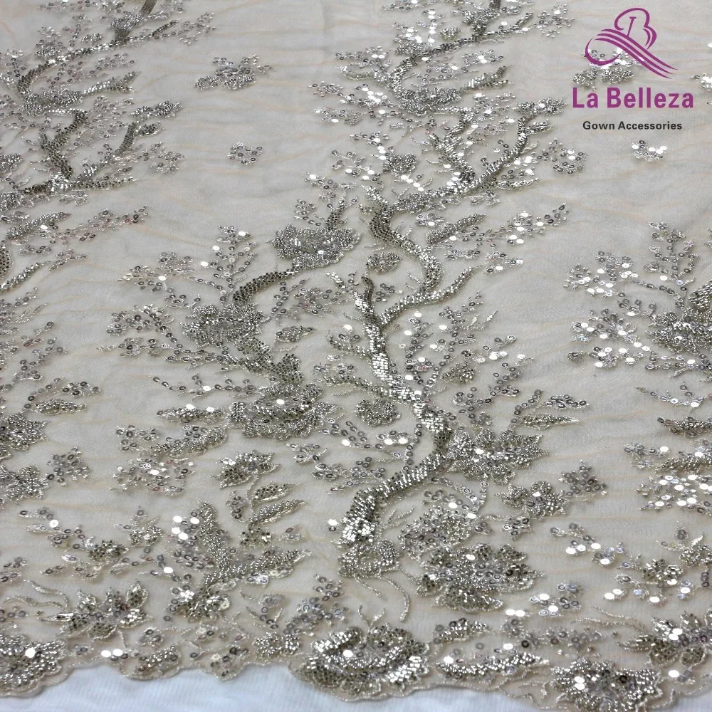 Silver beaded embroidery plant flower lace fabric wedding dress performance clothing fabric for sewing