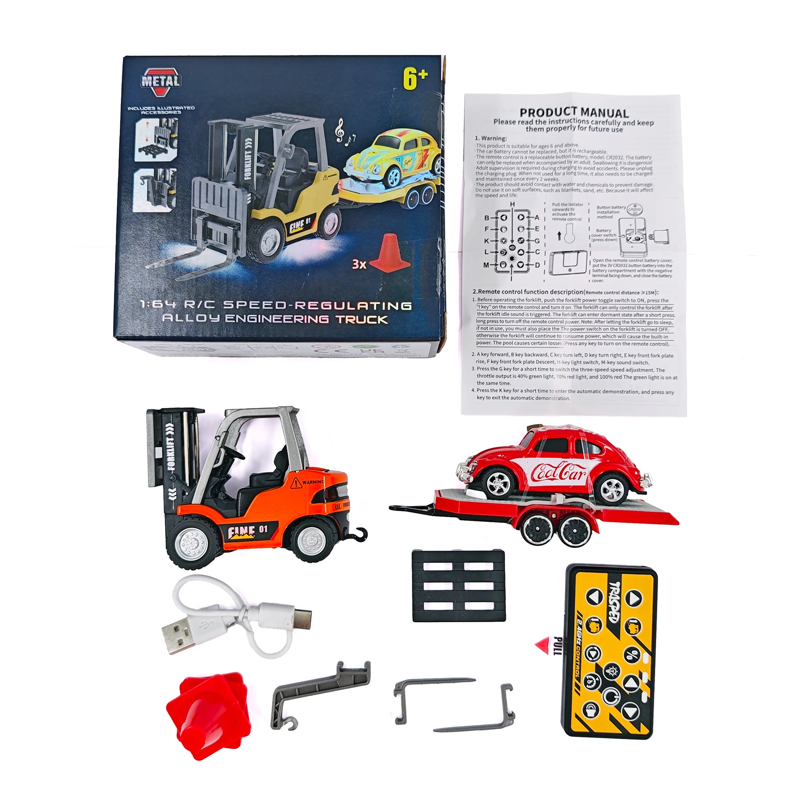 1/64 RC vorkheftruck 2-modus mini-afstandsbediening vorkheftruck 2-in-1 transformeerbare liftvork en haak met licht en geluid voor kinderen