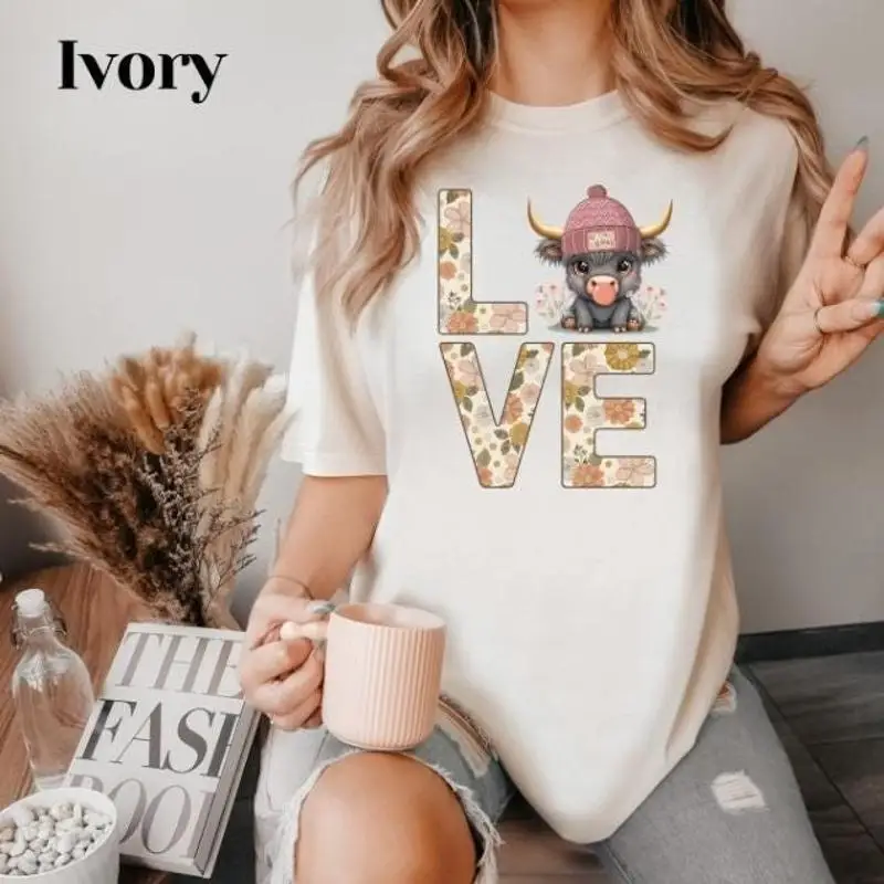 

Highland Cow Floral LOVE T Shirt Mama Western Cute Funny Farm Animal Wearing Hat Country Girl