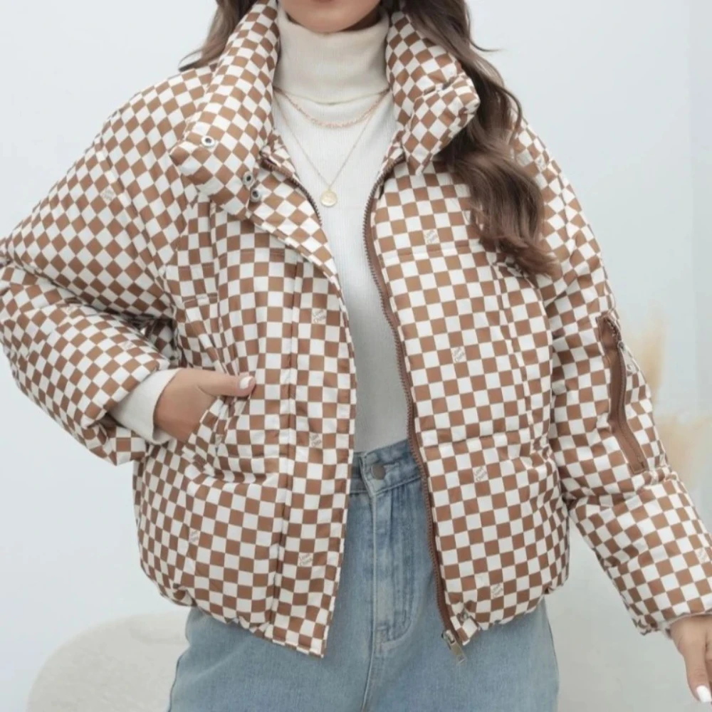 

Women's Fashion Warm Plaid Jacket Winter Fashion Cotton Coat Bread Style Versatile Long