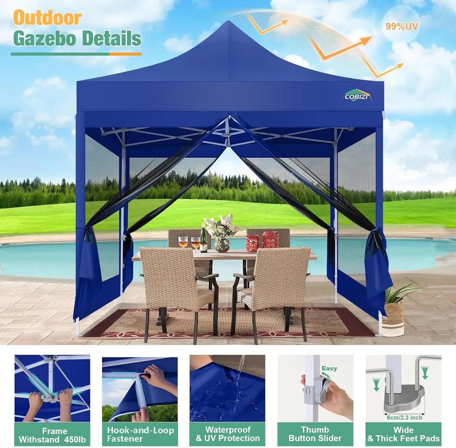 10x10 Heavy Duty Pop Up Canopy Tent with Removable Mesh Sidewalls | UPF 50+, waterproof, rustproof, easy setup, steel frame, 3