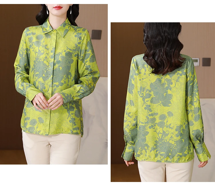 FANIECES Plus Size 3XL Luxury Women Shirt Green Vintage Print Shirt Autumn Long Sleeve Lapel OL Blouse Casual Tops Blusas блузка