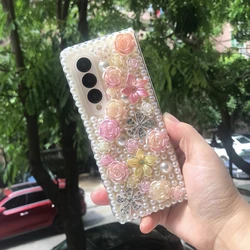 DIY Luxury Glitter Rhinestone Flowers Phone Cover For Samsung Galaxy Z Fold 5 4 3 2 Pearl Gradient Rose Floral Clear Hard Case