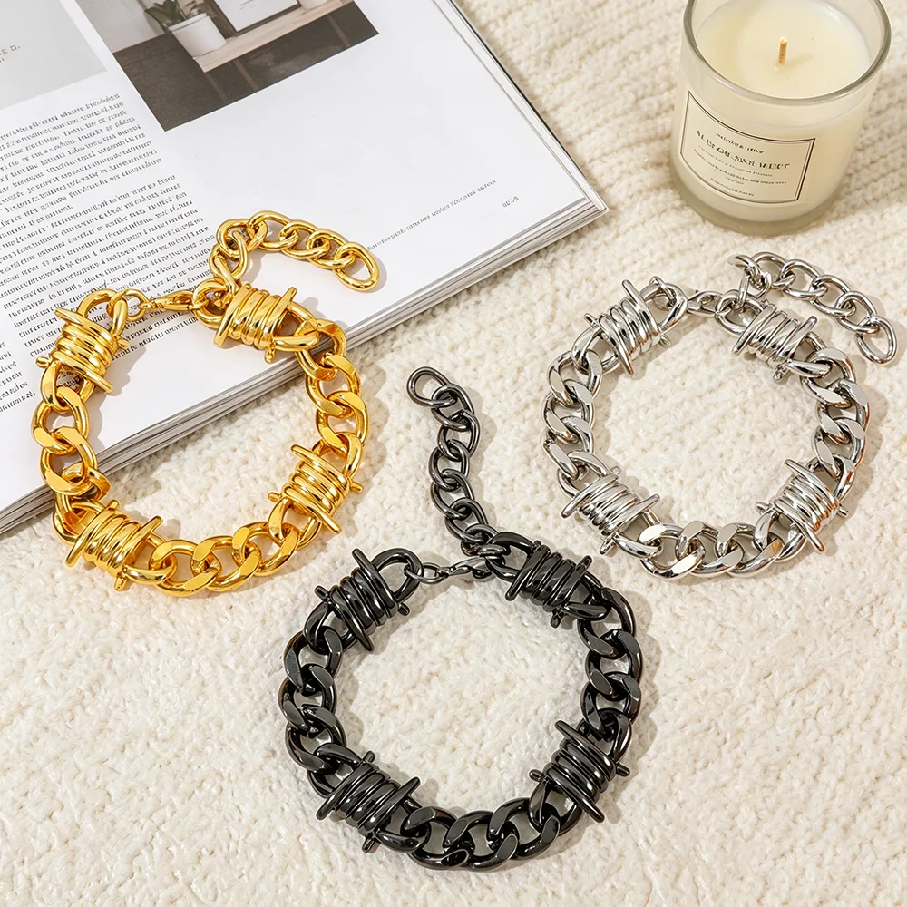 Punk Hip-Hop Barbed Wire Cuban Link Chain Bracelet Adjustable Thorns Wrist Jewelry Gift for Men And Women