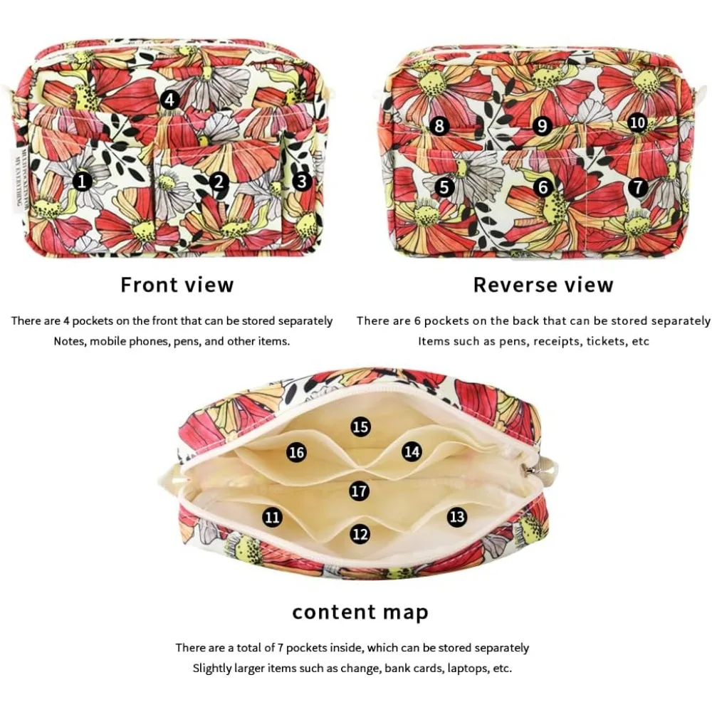 E-WEICHEN Organizer Portofolio Banyak Saku dengan Ritsleting, Tas Makeup Perlengkapan Perjalanan untuk Wanita, Alat Tulis Tahan Air Sederhana