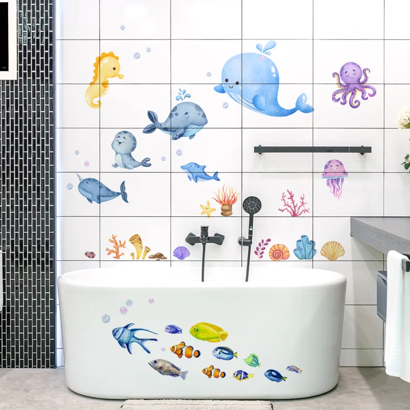 Cartoon Sea Turtle Seahorse Wall Stickers Kids Room Decor Self Adhesive Marine Animals Mural for Bathroom Nursery Home