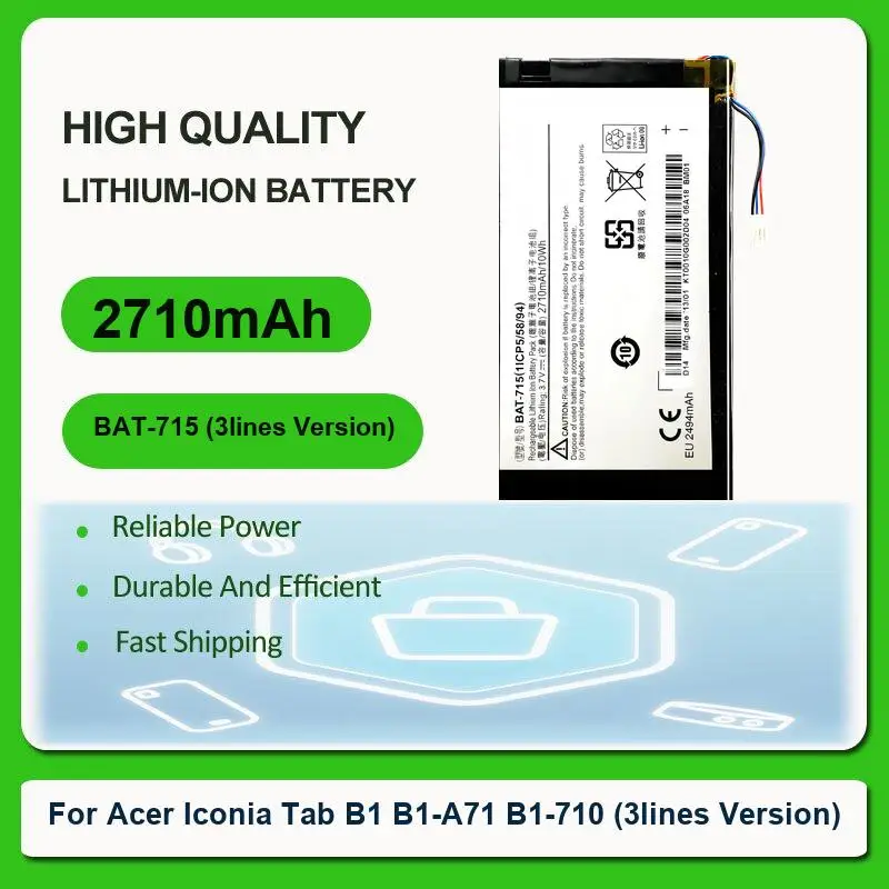 Replacement Tablet Battery For Acer Iconia Tab B1 B1-A71 B1-710 (3lines Version) BAT-715 (3lines Version) 2710mAh