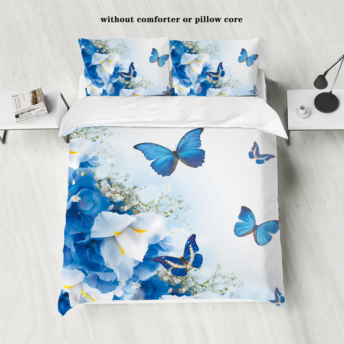 

3-piece down duvet cover set with blue butterfly floral print (1 duvet cover+2 pillowcases, no core) Soft bedding set