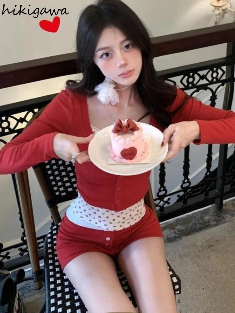 

Summer Clothing Women 3 Piece Sets Long Sleeve Red Coat Floral Tunic Vest Bodycon Sexy Shorts Suit Roupas Femme Sweet Chic Set