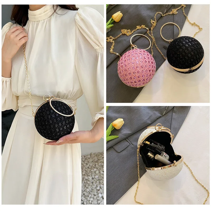 Evening Bags 2023 Mini Cosmetic Bag Pink Sequined Circular Handbag Diamond Banquet Clutch Women Spherical Shoulder Crossbody Bag