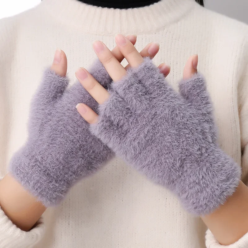 Nouveau hiver Imitation vison cachemire demi doigt gants femmes hommes chaud luxe couleur unie en peluche pour la conduite Sports de plein air