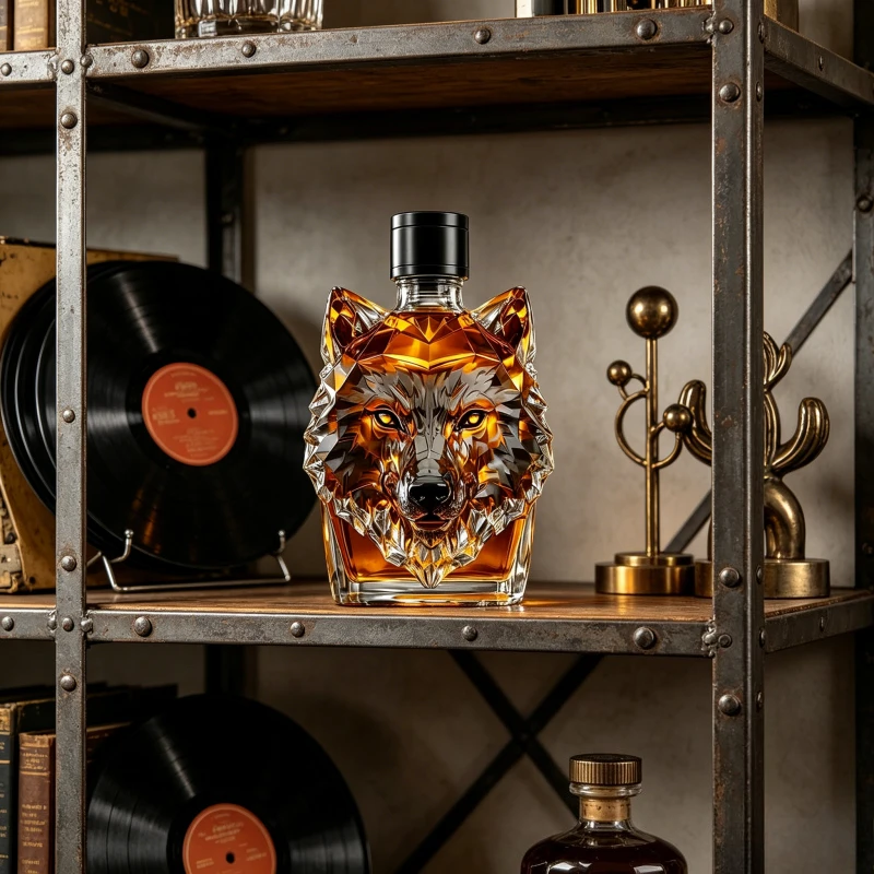 Decantador de Whisky con Cabeza de Lobo Único en Cristal, Botella de Licor de Vidrio Premium, Regalo Perfecto para Amantes del Whisky, Decoración Artística para el Hogar y el Bar