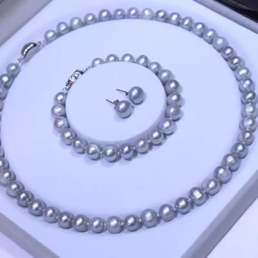 

Классическое ожерелье AAA8-9 мм, ожерелье из натурального южно-серого жемчуга 18 дюймов + браслет 7,5-8 дюймов + комплект серег 925s