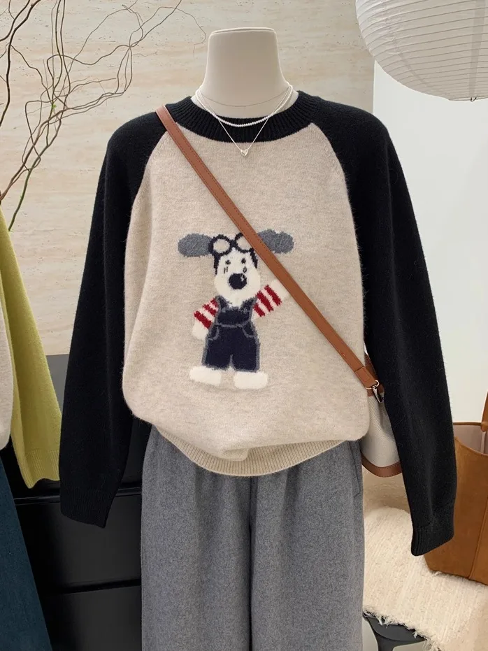 Cute Cartoon Dog Spliced Color Knitted Loose Sweater round Ne Long Sve Anti-pilling Autumn Winter Women's Faion Slimmi...