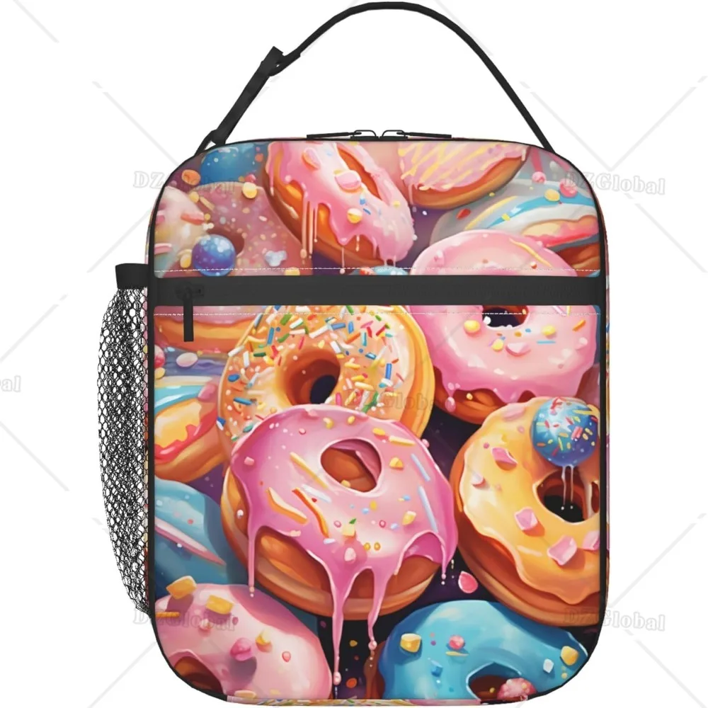 Colorful Donuts Lunch Bag Insulated Dessert Art Tote Box Donut Candy Cooler Meal Bag for Office Work Picnic Reusable Bento Bag