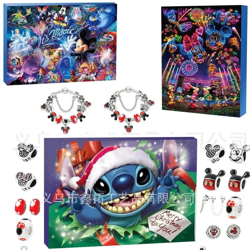 새로운 크리스마스 선물 스티치 미키 어드벤트 캘린더 디즈니 팔찌 24일 카운트다운 캘린더 DIY 쥬얼리 만들기 어린이 크리스마스 선물