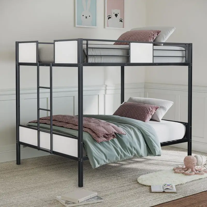 Contemporary Full Over Full Metal Bunk Bed with Ladder and Footboard, Black Finish, Sturdy Metal Frame
