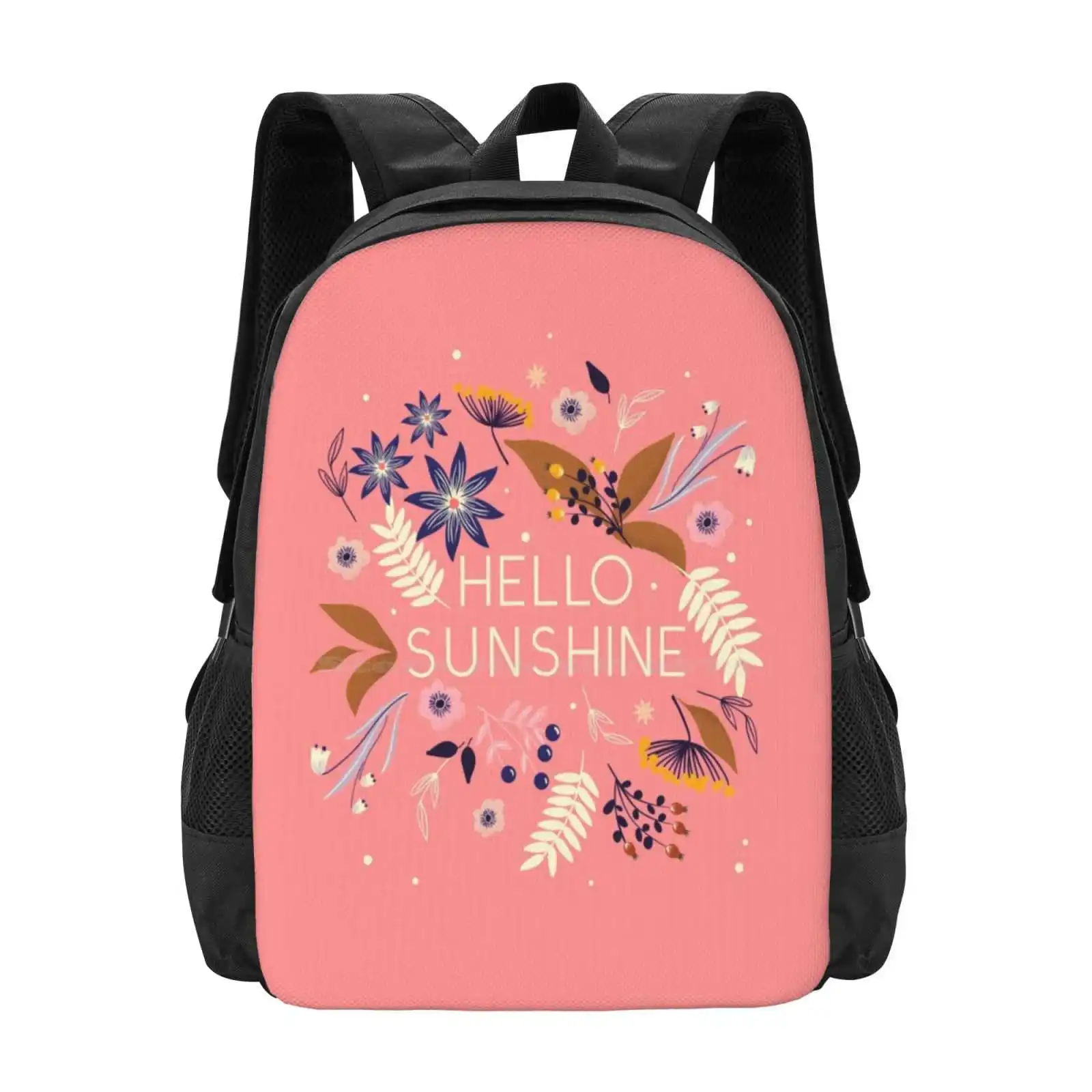 Mochila con diseño de impresión 3D Hello Sunshine para estudiantes, bolsa de flores, tipo de tipografía, Hello Sunshine Florals, naturaleza, jardín, Girly