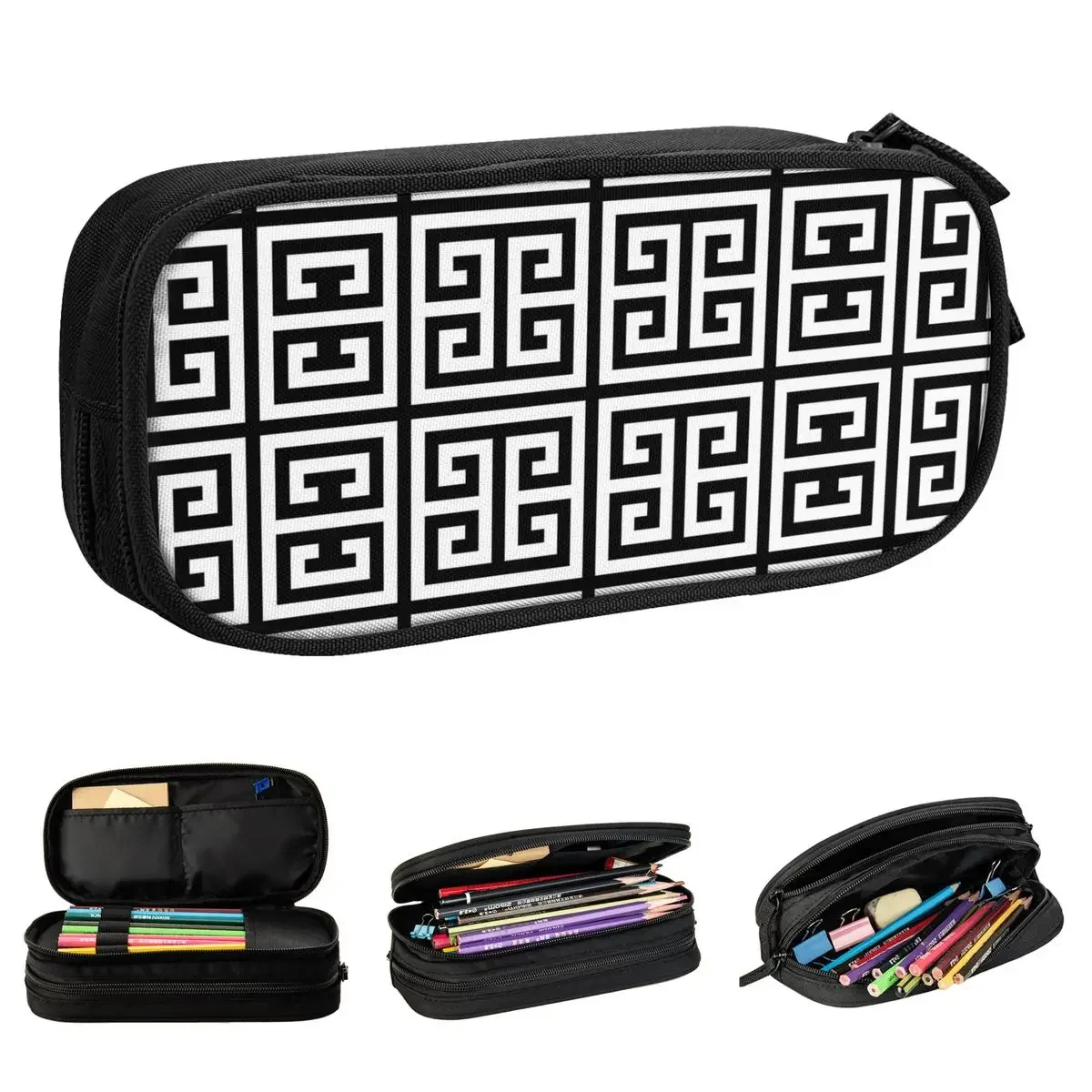 

Greek Key Black And White Trendy Pencil Cases Fashion Pen Holder Bag for Student Big Capacity Students School Gifts Pencilcases