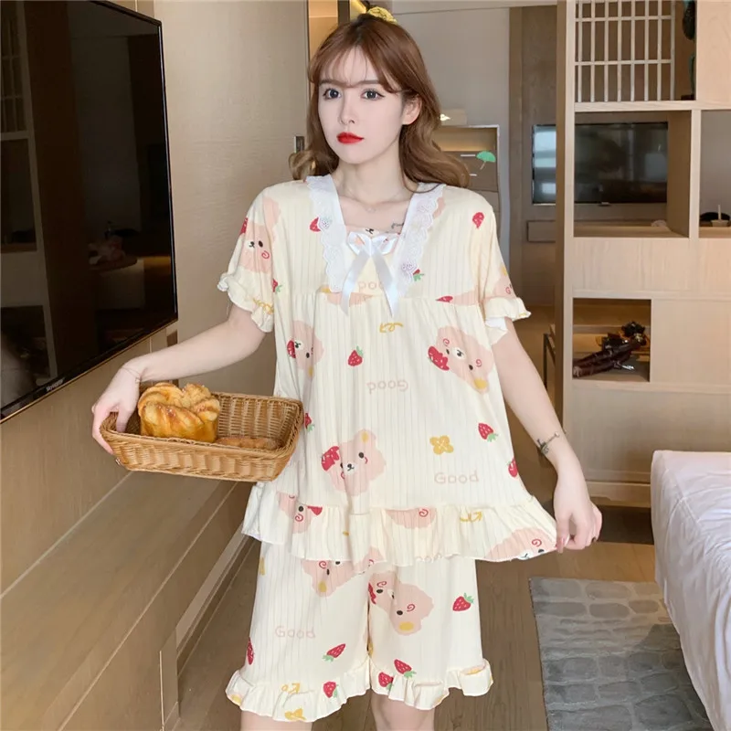 New Ladies Pajamas Women Summer Short-Sleeved Pyjamas Students Thin Section Lace Leisure Can Be Worn Outside the Home Clothing