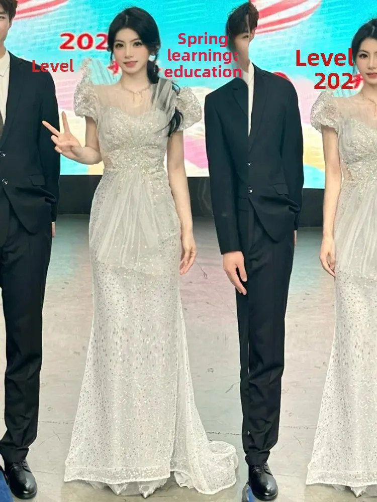 

Вечернее платье-русалка с пайетками, приталенное, для церемоний, выступлений и мероприятий, корейский стиль, длинное