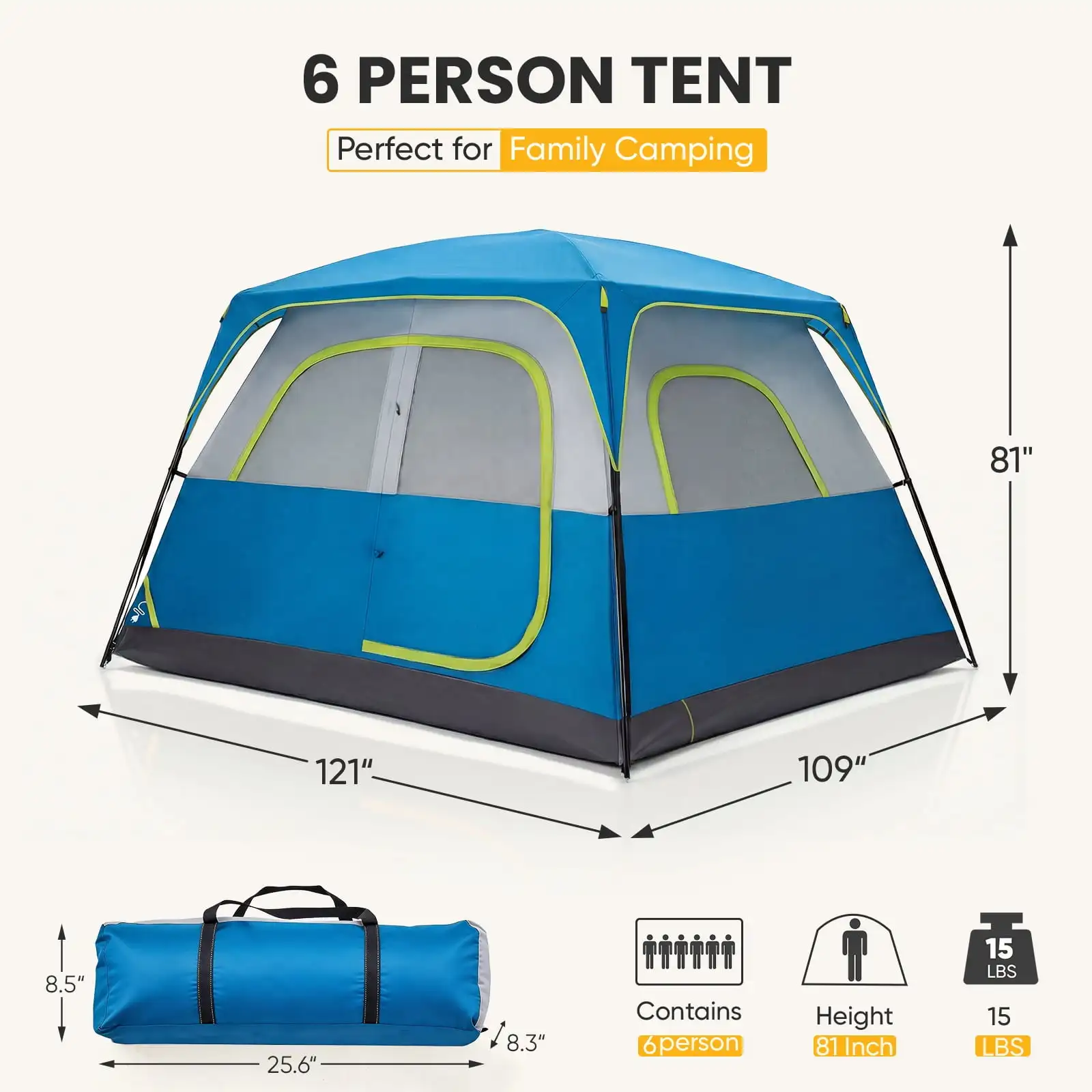 

6-Person Windproof Family Camping Tent with Large Interior, Easy Setup Cabin Tent with Mesh Windows & Skylights