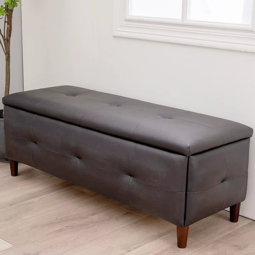 

Upholstered Storage Recular Lit Top Ottoman and Entryway Bench, Black aux Leather, 44.5 in W x 17.7 in D x 17.7 in H