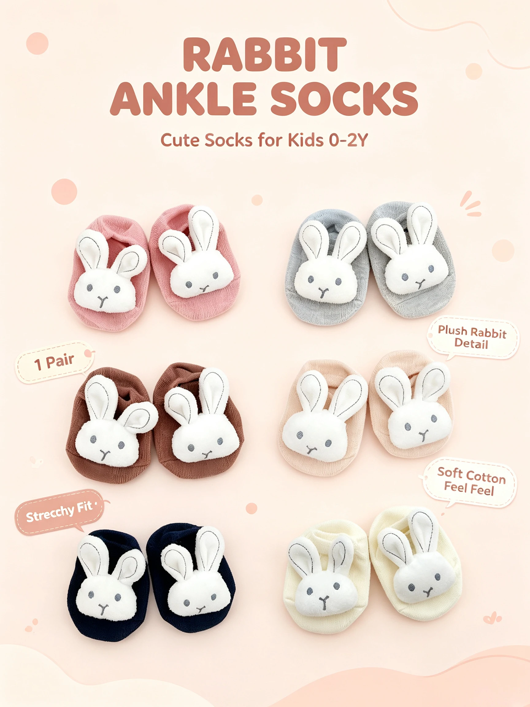 1Pack Infant Girls Cotton Invisible Socks 3D Fluffy Rabbit Cartoon Soft Socks Newborn Monthly Photography Gift Socks 0-2 Years