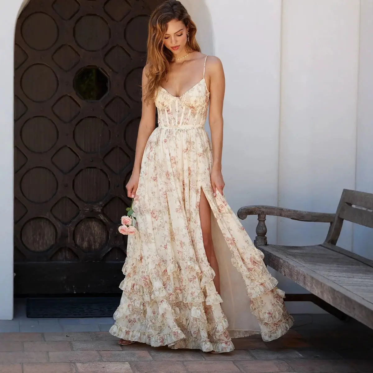 مثير الأزهار طباعة طويلة الدكتور عالية الخصر محطة مستقلة الساخن S المرأة الصيف ثوب الشيفون المواد Svel ثوب