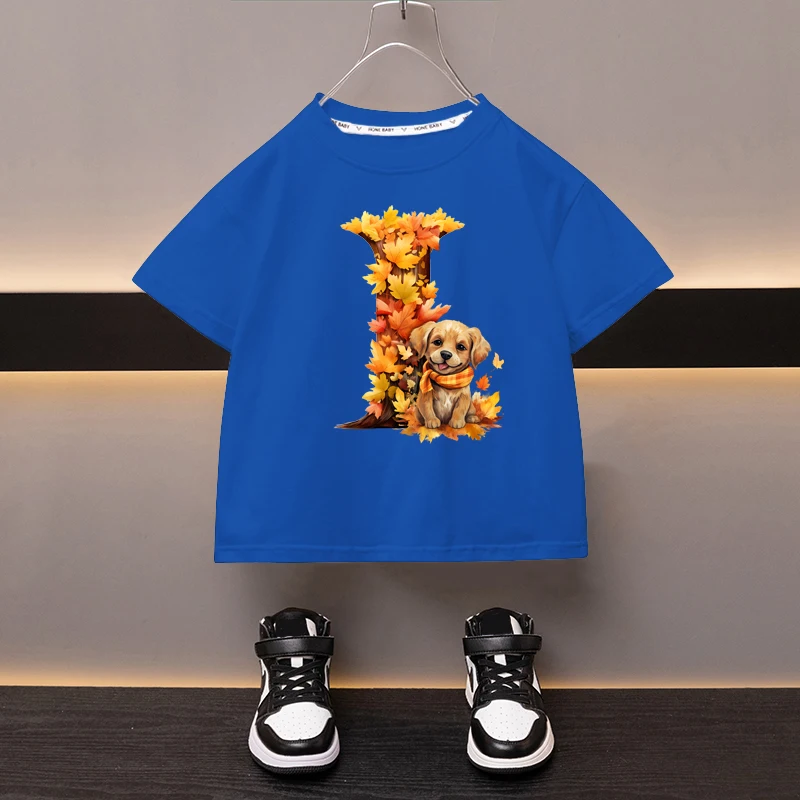 Maple Leaves Letter I Children T-shirt Kawaii Clothes for Girls T Shirt Anime Cartoons Casual Kid Boy Short Sleeve Tops New 2024