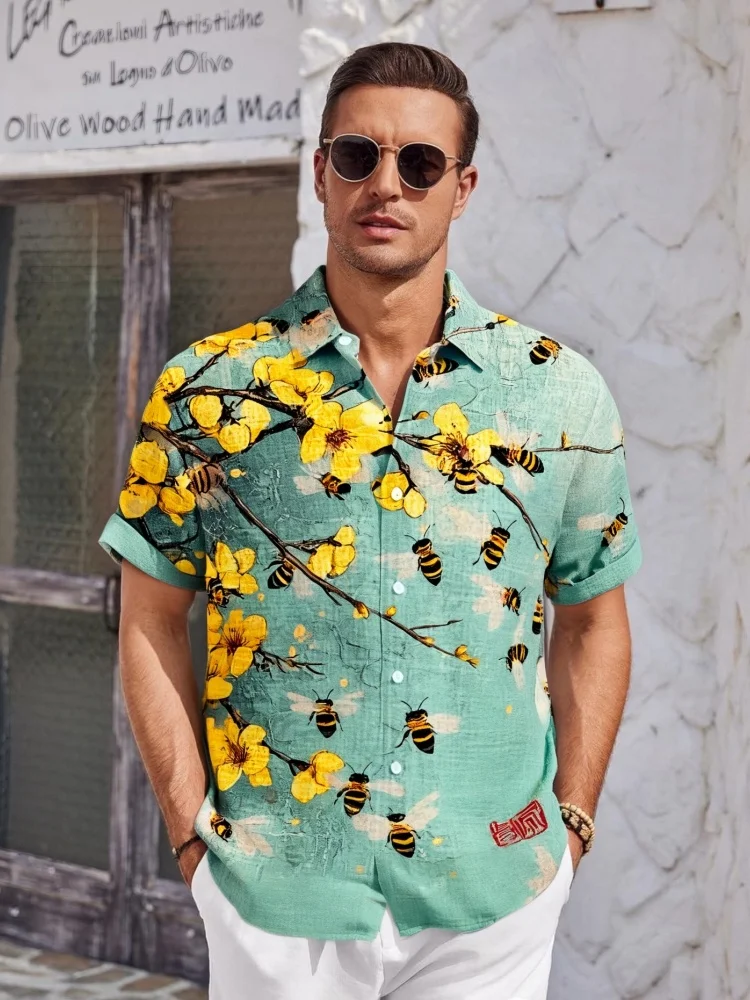 Men's A Bunch Of Bees Surround Yellow Plum Blossoms Art Print Short Sleeve Shirt Boho Blouse Single Breast Summer 2025 Tops Male